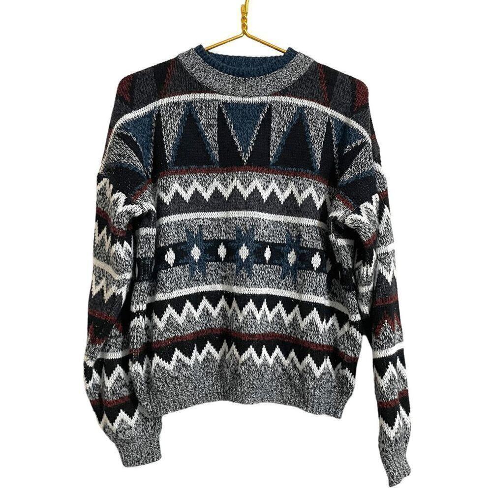 Vintage Today's News Crewneck Sweater Unisex L Blue Geometric 90's‎ Grandpacore